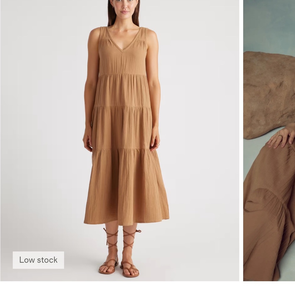 Quince 100% Organic Cotton Gauze Tiered Maxi Dress in Toasted Coconut Size L